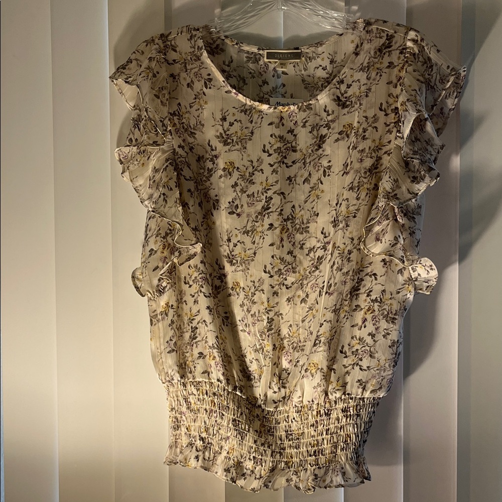 NWT!  Women’s Pleione Cream Floral Ruffle Sleeve Smocked Waist Blouse